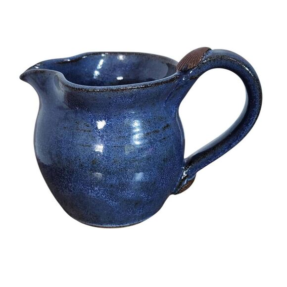 Blue and Brown Stoneware Mini Pitcher Blue Vintage Pitcher with Shell Accent - Picture 1 of 8